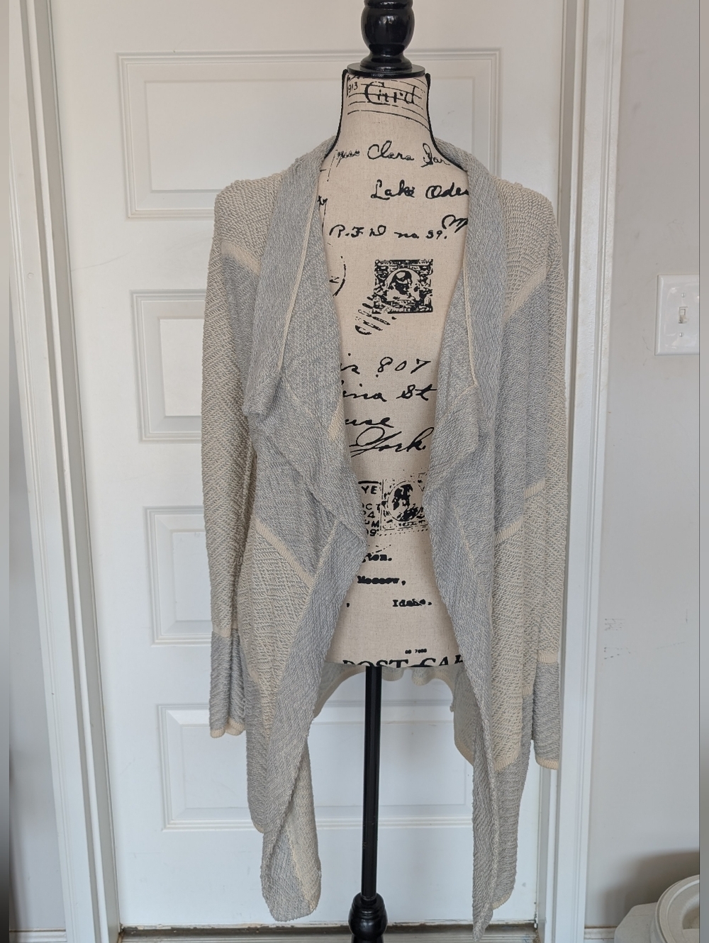 Lucky Brand Gray and Cream Open-Front Draped Cardigan